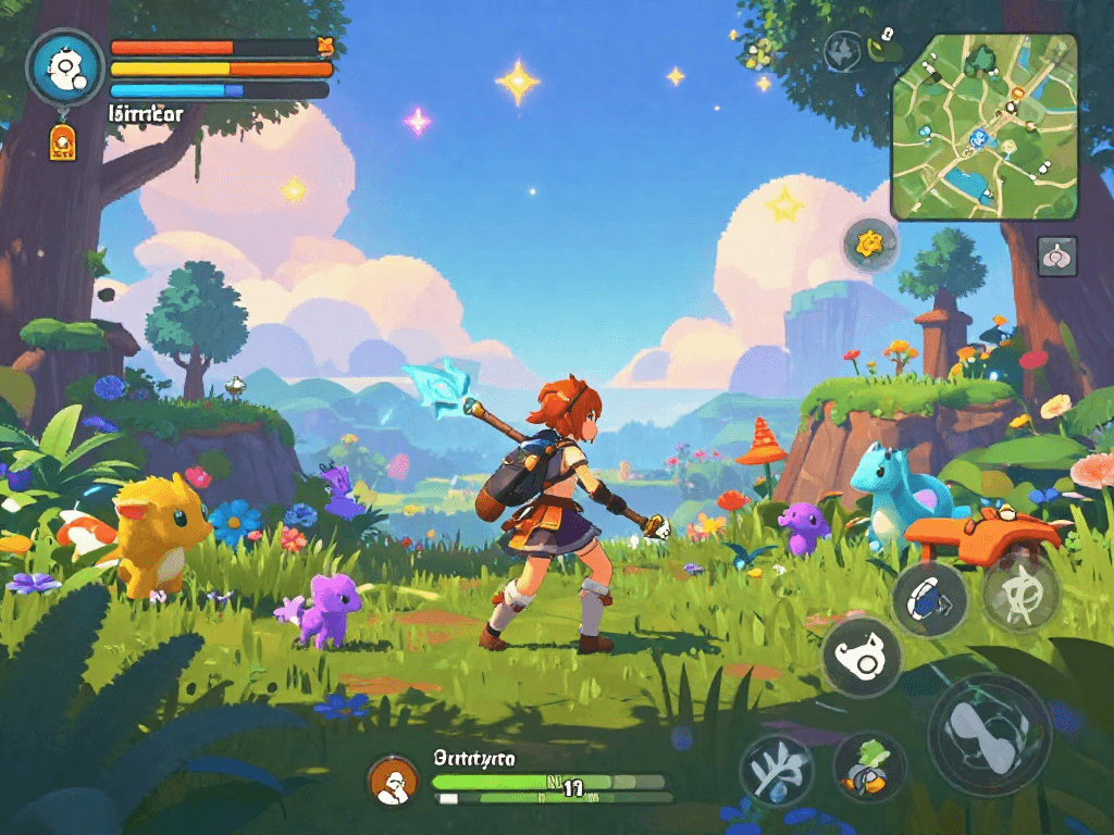Dynamic female protagonist in a vibrant fantasy world engaging in a female porn game adventure.