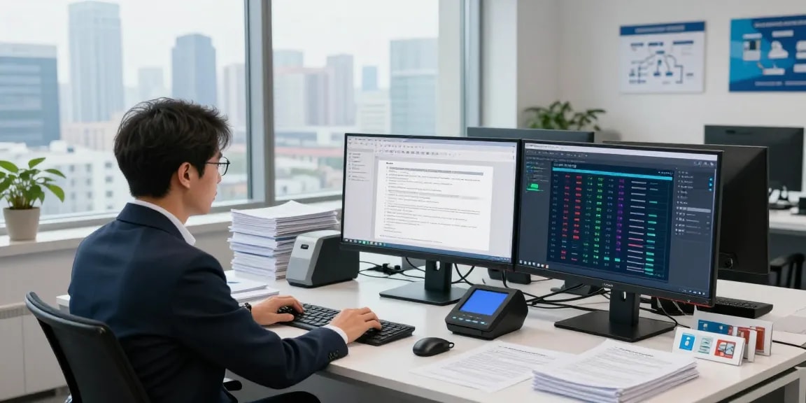 Document fraud detection analysis in a professional workspace with multiple monitors and verification tools.