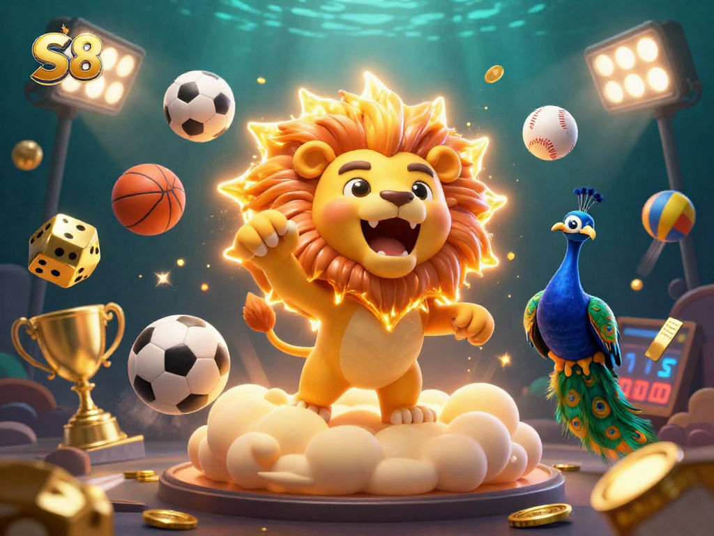 S8 casino experience with golden lion roaring amid dynamic gaming elements and vibrant colors