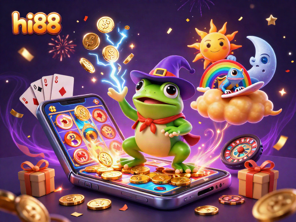 Join the excitement at hi88 with a vibrant 3D casino scene showcasing games and winnings.