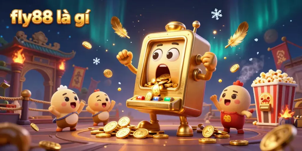 Experience thrilling moments with fly88 là gì as the golden slot machine hits the jackpot, surrounded by cheering characters.