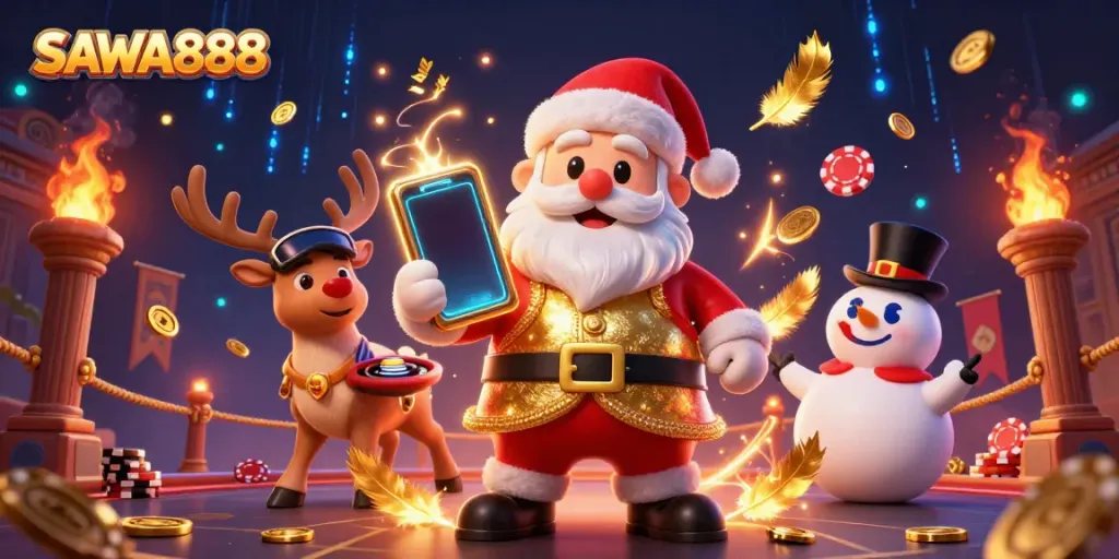 Experience exciting gameplay with SAWA888's vibrant casino scene featuring Santa and friends.