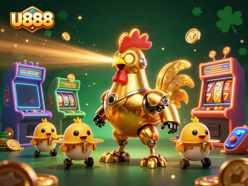 Experience the excitement of u888 with golden rooster robots and slot machines in a vibrant casino scene.