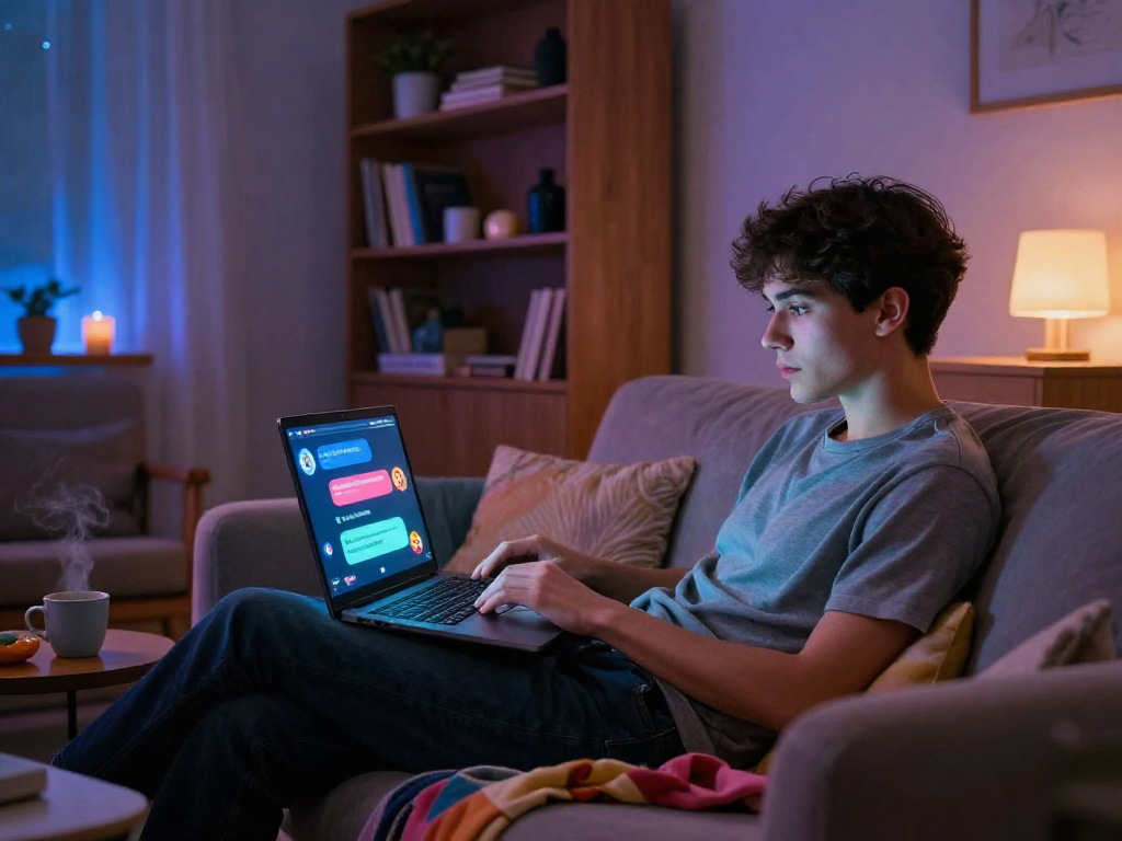 Engaging scene of a person using sex ai on a laptop in a cozy environment, showcasing digital interaction and intimacy.