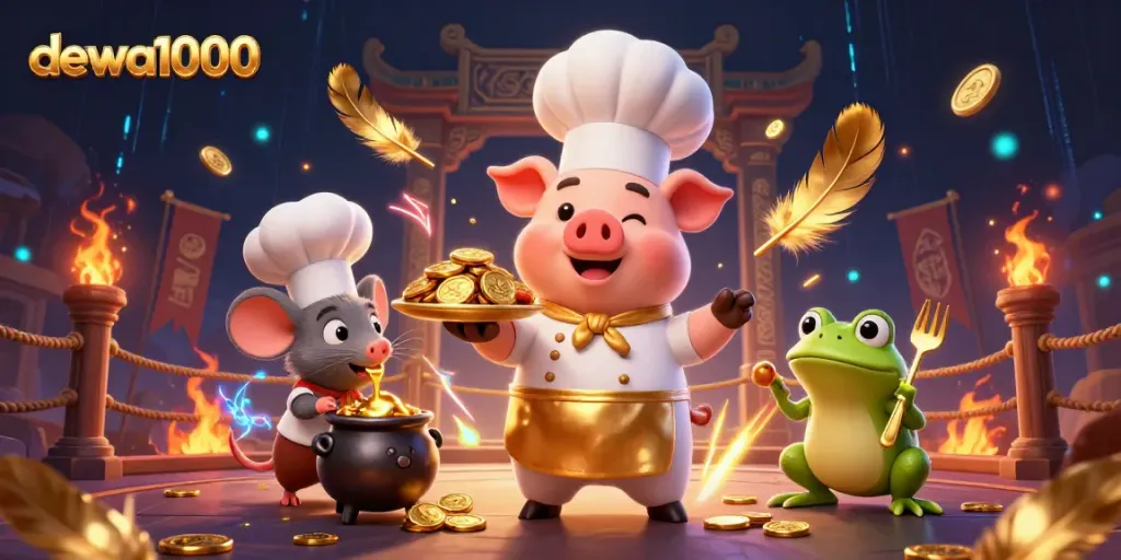 Experience the thrilling world of dewa1000 with a festive scene featuring a chef pig serving gold coins, capturing the excitement of online gaming.