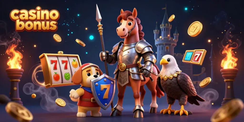 Engage with top casino bonuses in an ultra-detailed 3D scene featuring knights, gaming elements, and animated coins.