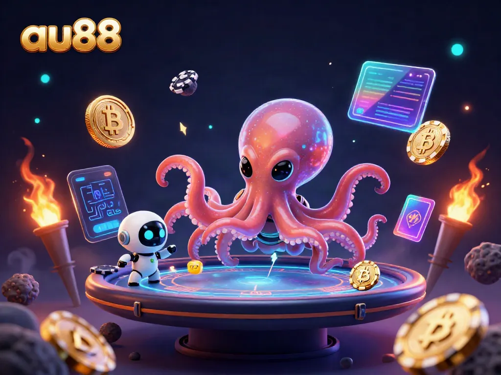 Experience thrilling gaming with au88 at a holographic poker table featuring an alien octopus and crypto coins.