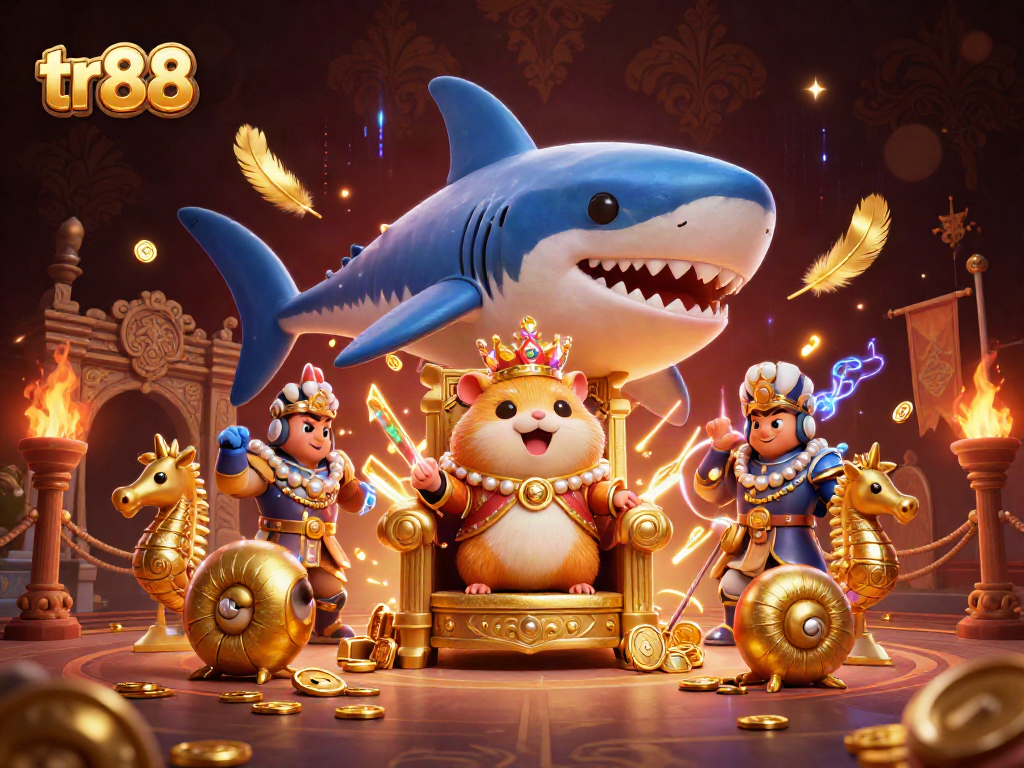 tr88 showcases a vibrant 3D scene with a hamster king in a thrilling gambling arena, surrounded by gold coins.