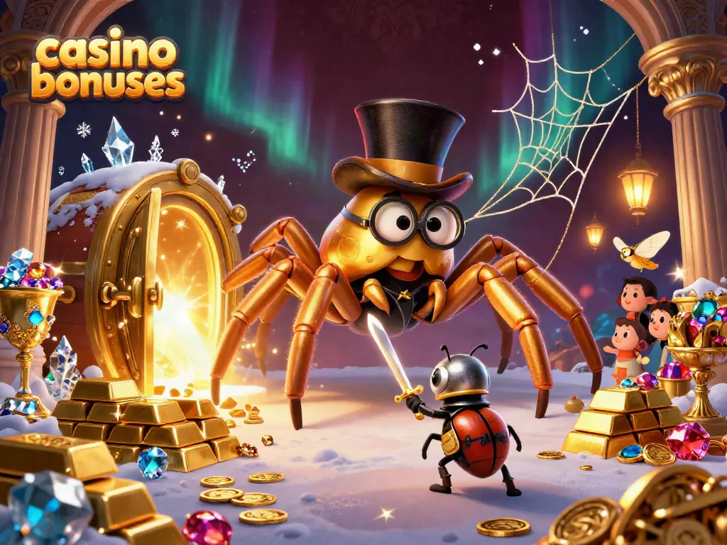 Engage in casino bonuses with a vibrant illustration of a golden tarantula weaving riches in a 3D scene.