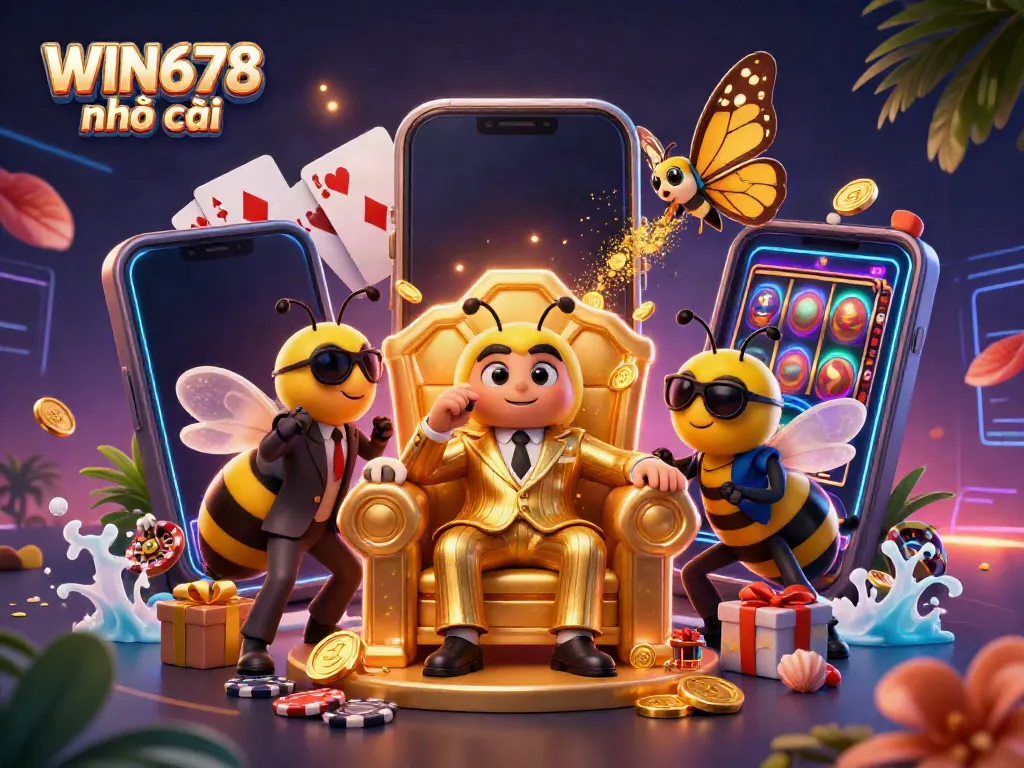 Engage with WIN678 nhà cái featuring a buzzing scene of colorful casino games and vibrant characters.