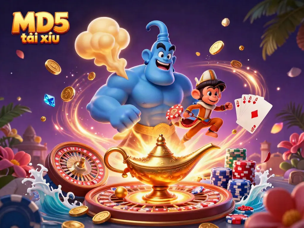 Experience thrilling MD5 tài xỉu gaming with a genie, magic carpet, and casino elements.
