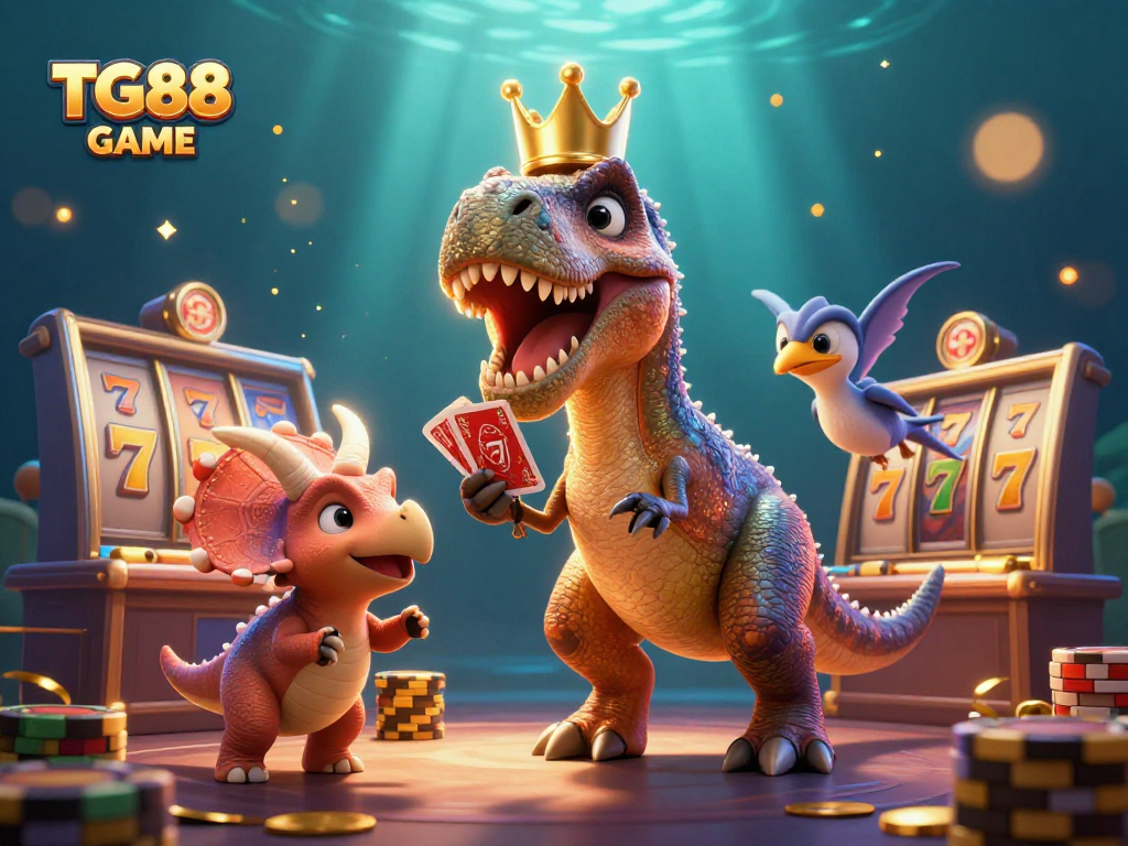 TG88 GAME features a friendly T-Rex in a crown shuffling cards with a pterodactyl, set against a vivid casino backdrop.