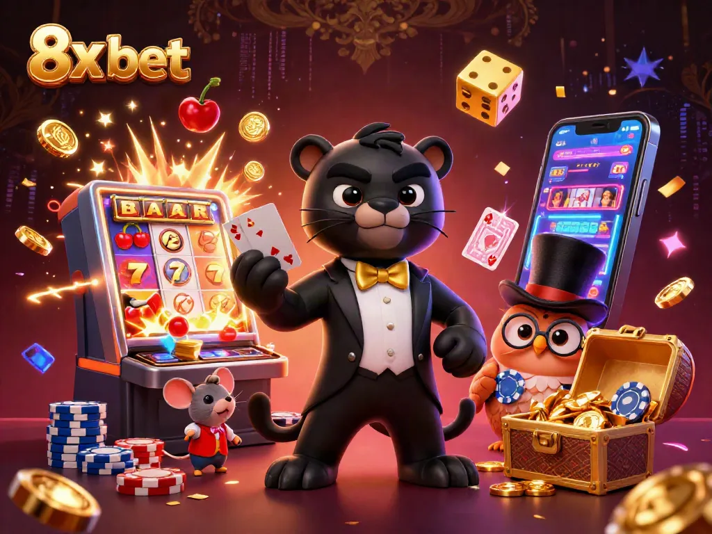 Engaging 8x bet scene showcasing stylish casino characters dealing cards with vibrant gaming elements.