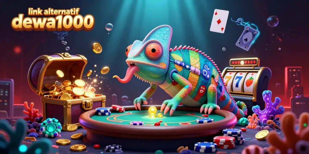 Engage with link alternatif dewa1000 in an exciting casino scene featuring a colorful chameleon and dynamic slot elements.
