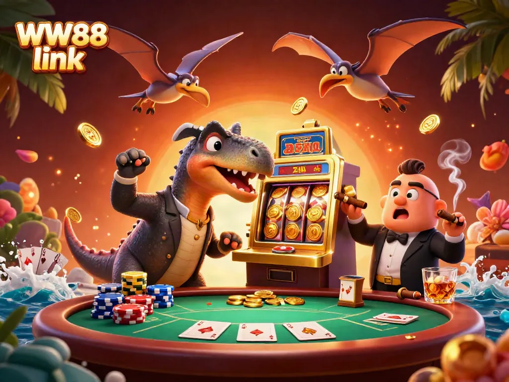 Experience excitement with WW88 link as a cartoon dinosaur wins jackpots in a vibrant casino.
