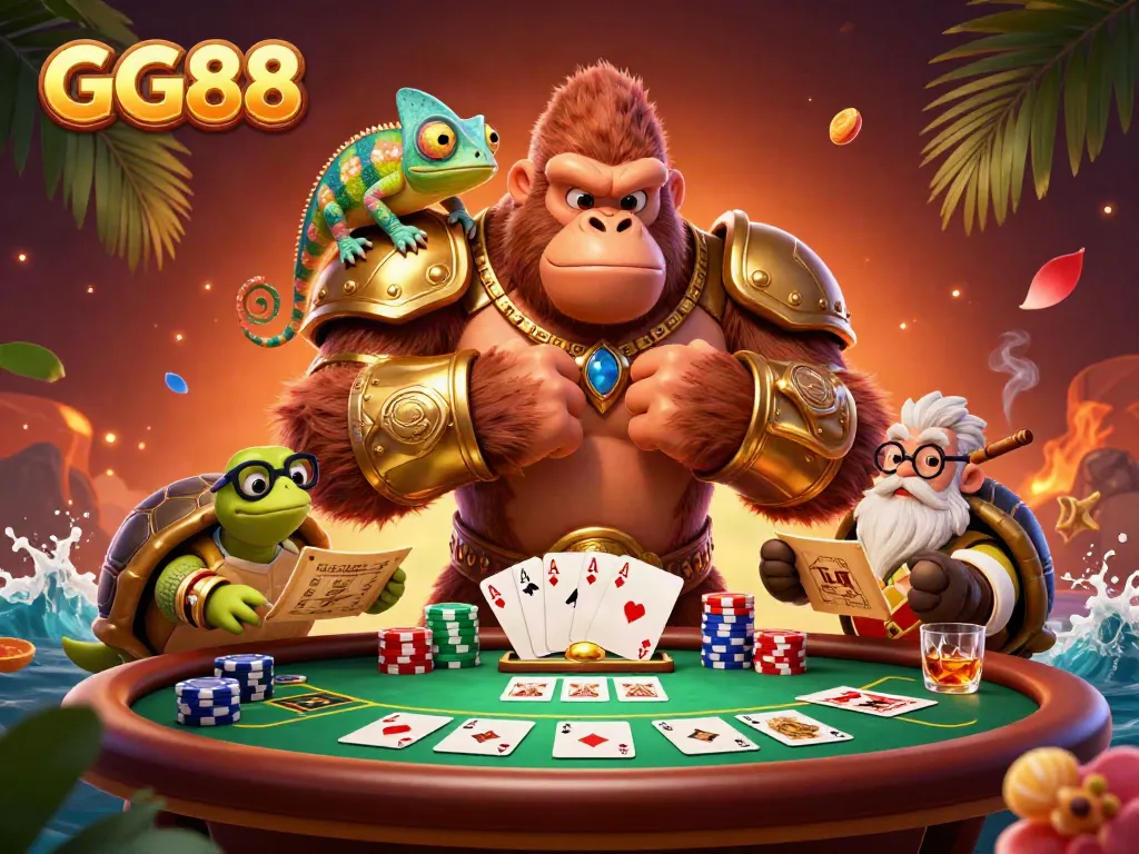 Experience thrilling gameplay at GG88 with a vibrant casino-themed illustration featuring a gorilla king, chameleon companion, and casino elements.
