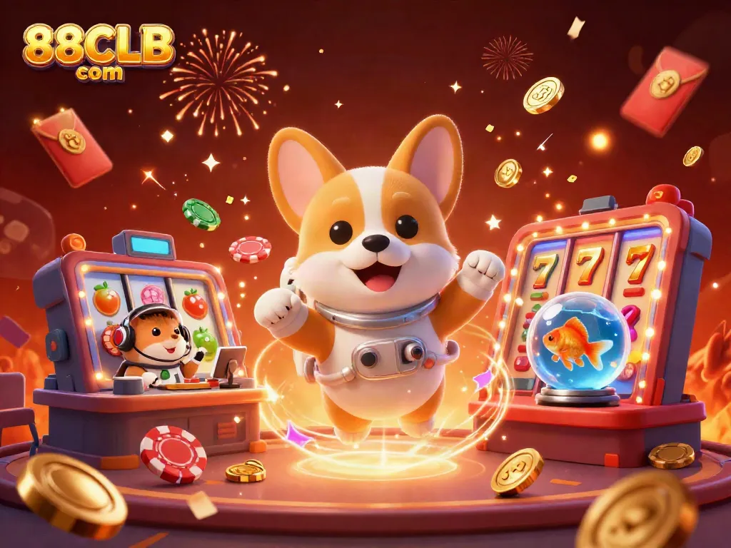 Join the fun at 88CLB com as the cartoon astronaut corgi navigates a lively space station casino filled with excitement.