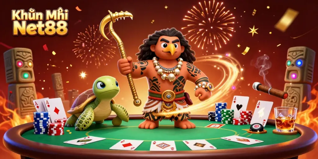 Engage with Khuyến Mãi Net88 in a vibrant poker-themed 3D illustration featuring various gambling elements.