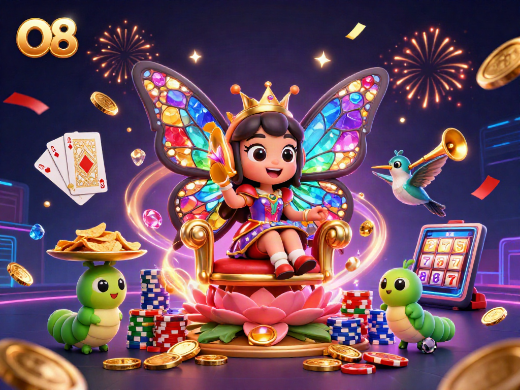 Experience the thrilling O8 moments as the butterfly queen presides over a vibrant casino scene.