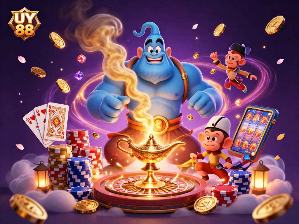 Experience exciting gaming with UY 88's vibrant genie and poker-themed scene.