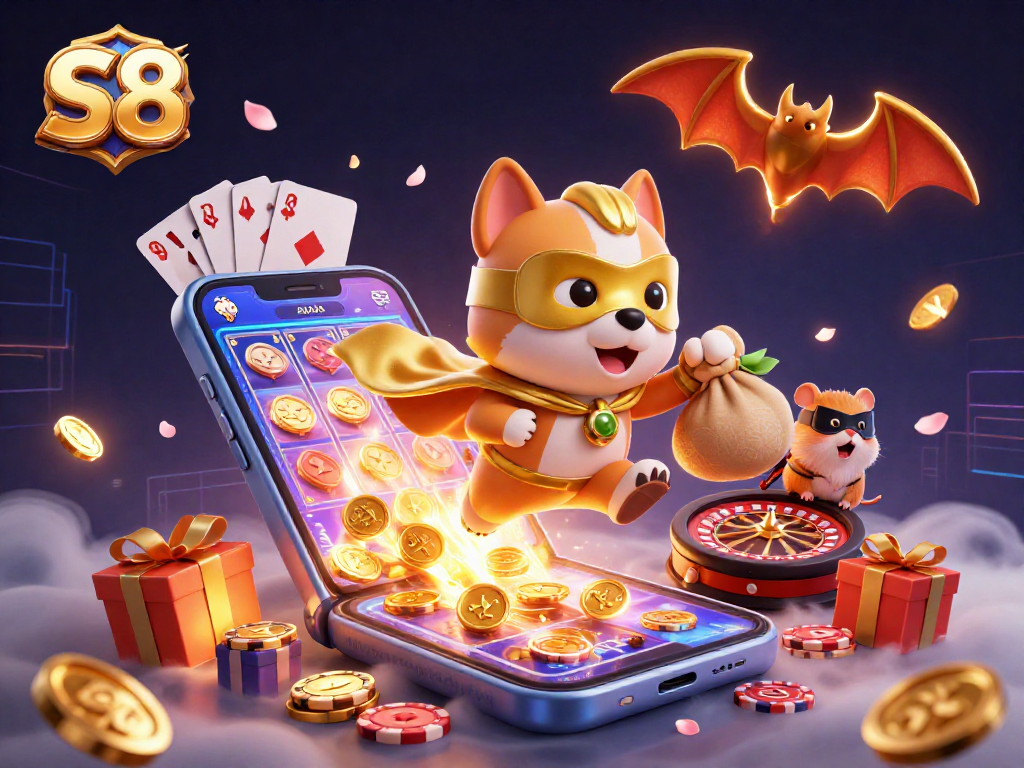 Experience thrilling gaming with S8 featuring a superhero dog flying through vibrant casino elements.