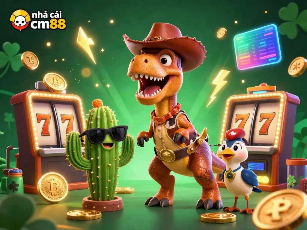Engage with nhà cái cm88's vibrant gaming scene featuring slot reels and charming cartoon characters.