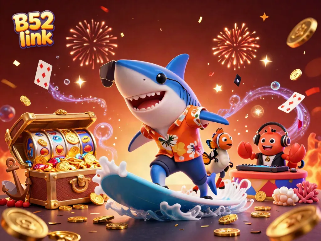 Experience the thrill of B52 link with a vibrant 3D casino scene featuring a shark and luck symbols.