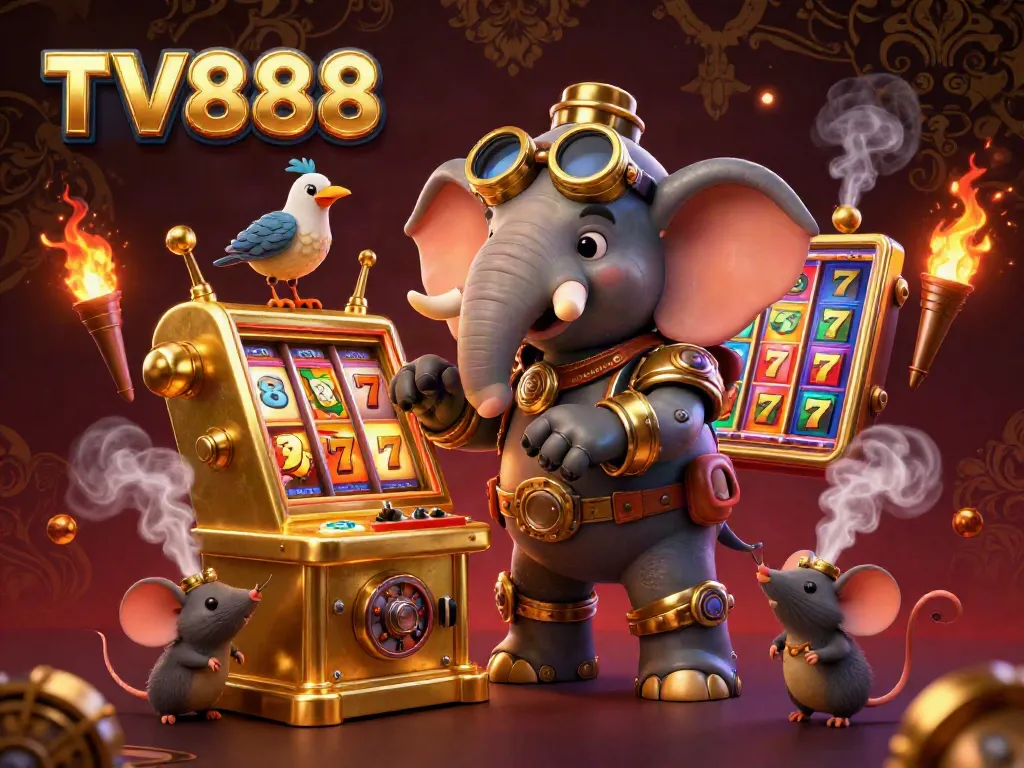 Thrilling scene of a 3D cartoon steampunk engineer operating a slot machine, showcasing TV888's vibrant casino experience.