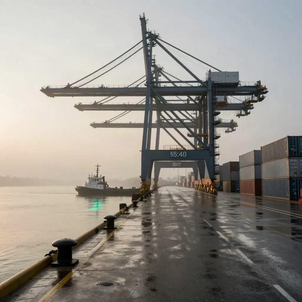 Porto commerciale all’alba con gru, container, rimorchiatore e banchina bagnata nella foschia.
