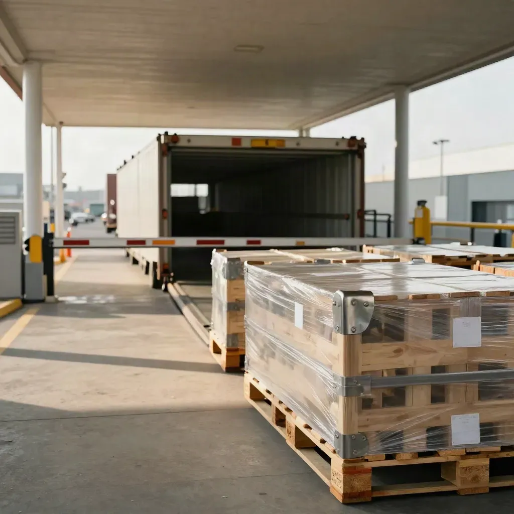 Corsia doganale aperta con pallet sigillati sotto pensilina e varco di ispezione chiuso.