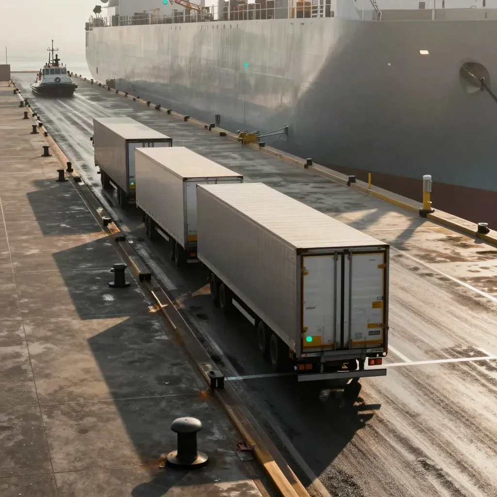 Banchina portuale con rampa nave e camion in coda ordinata nella foschia mattutina.