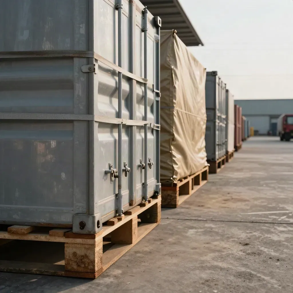 Container sigillati e pallet avvolti allineati tra banchina e deposito, luce calda del tardo pomeriggio.