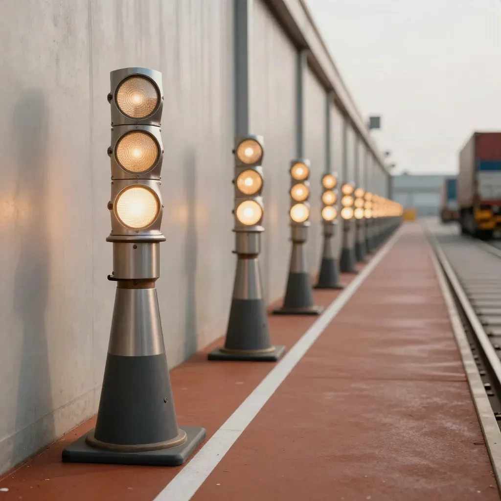 Corridoio logistico con torri luminose di stato e unità sfocate in movimento