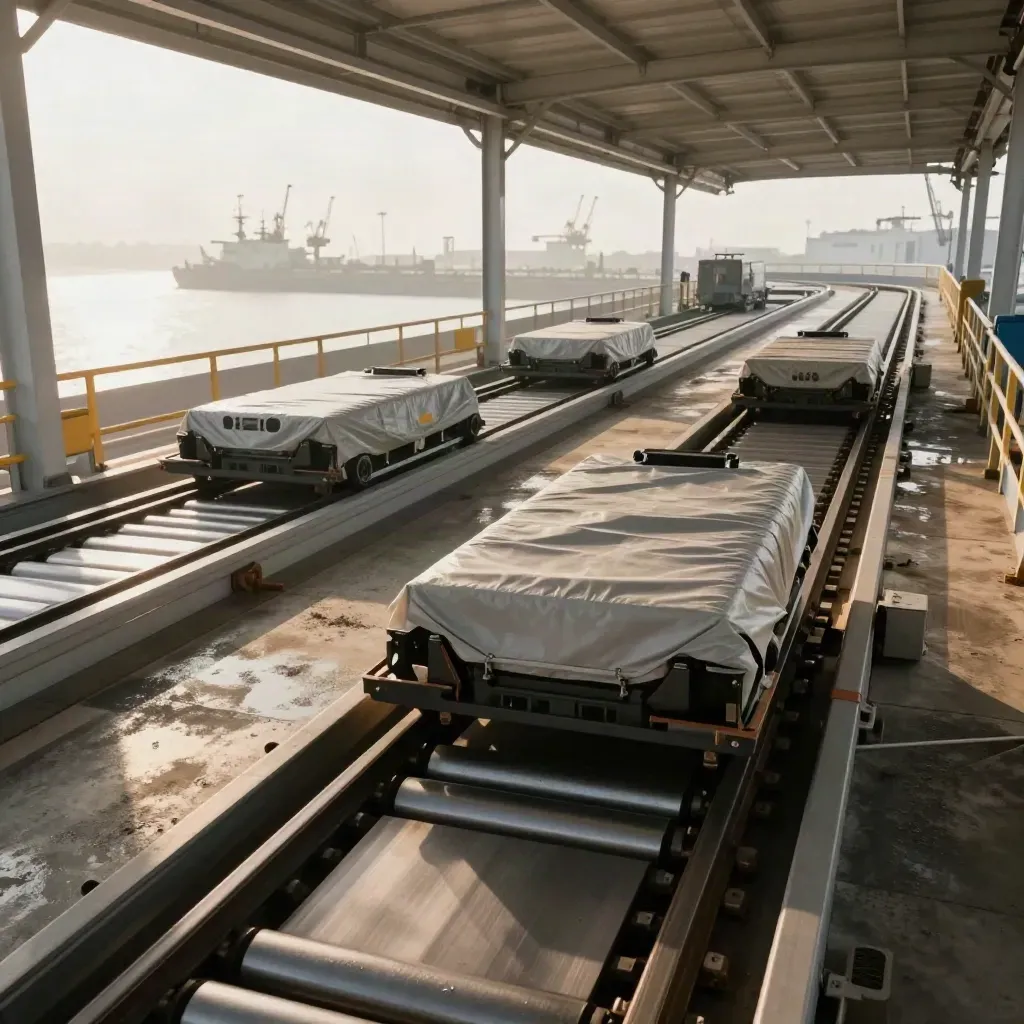 Tre linee merci parallele sotto una tettoia portuale, unità sigillate e atmosfera industriale.