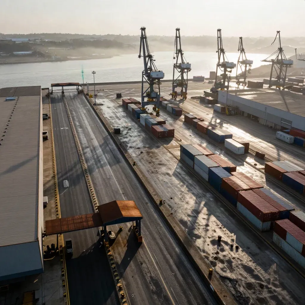 Vista dall’alto del porto con terminal, accessi, magazzini e banchina in un unico flusso.