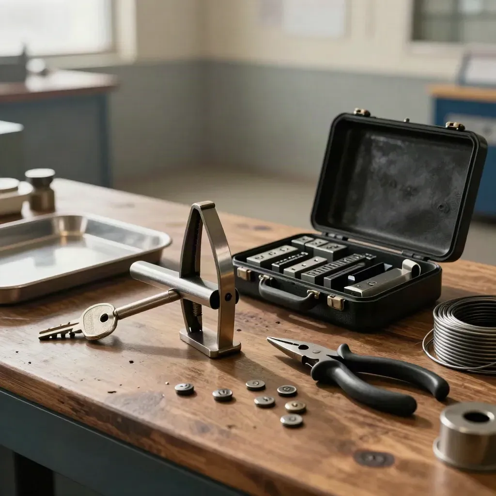 Kit doganale con pressa per sigilli, pinze metalliche e custodia su banco scuro, luce drammatica.