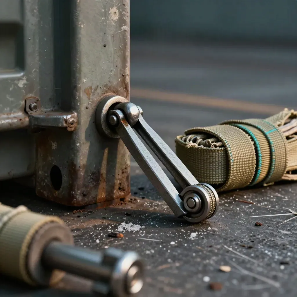 Primo piano di cricchetto, twist-lock e cinghia cargo su acciaio consumato.