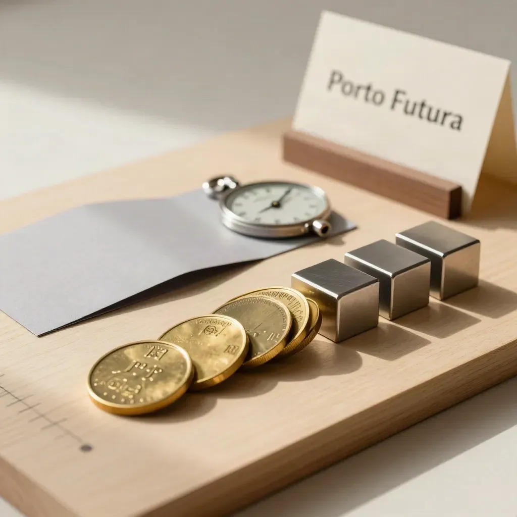 Gettoni di banchina, modulo di scambio e blocchi metallici su legno chiaro, luce morbida.