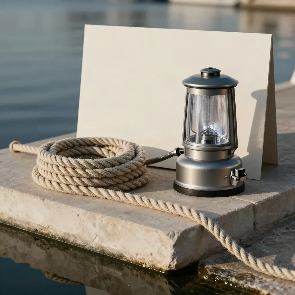 Kit marittimo con corda d’ormeggio, lampada beacon e clip cargo su pietra chiara