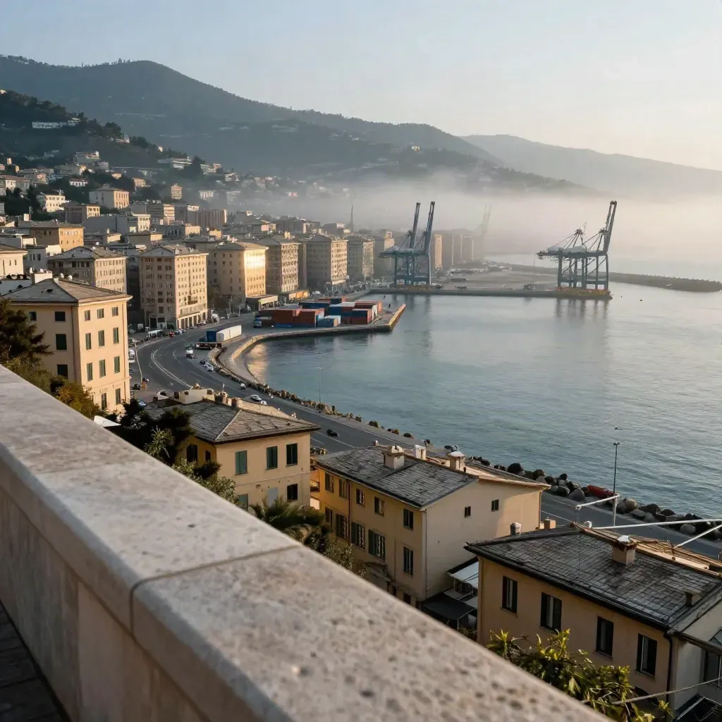 Genova e il waterfront portuale all’alba, tra foschia marina e mare calmo.