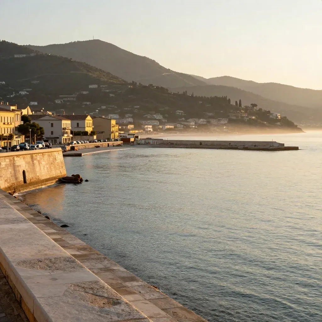 Costa livornese all’ora d’oro con porto, colline basse e mare calmo.