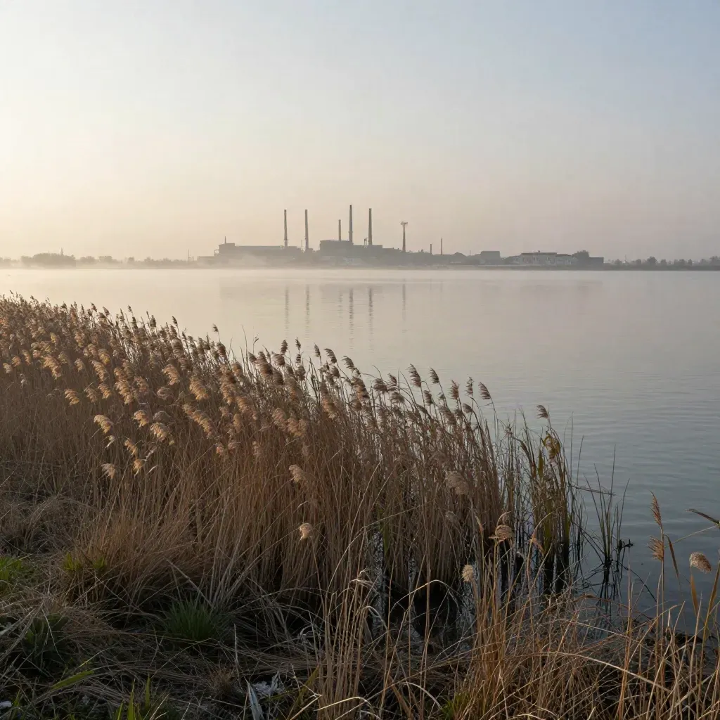 Laguna veneta con canneti in primo piano e Marghera lontana nella nebbia