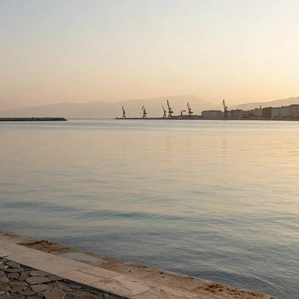 Orizzonte costiero tra Civitavecchia e Napoli con mare calmo e cielo caldo al tramonto.