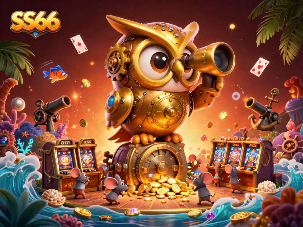 Experience the vibrant gaming action of SS66 with a bustling casino scene filled with captivating characters and treasures.