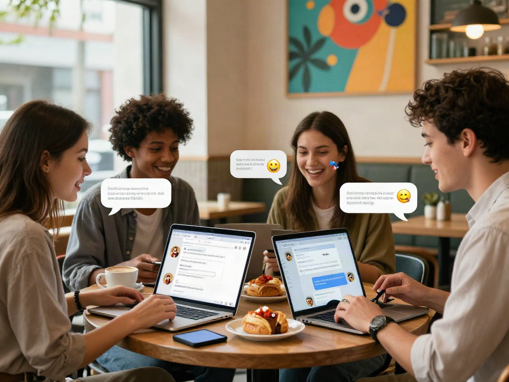 Friends enjoying engaging conversations through spicy chat AI at a cozy café.