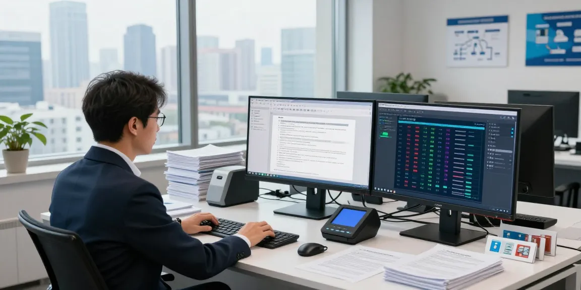 Document fraud detection analysis in a professional workspace with multiple monitors and verification tools.