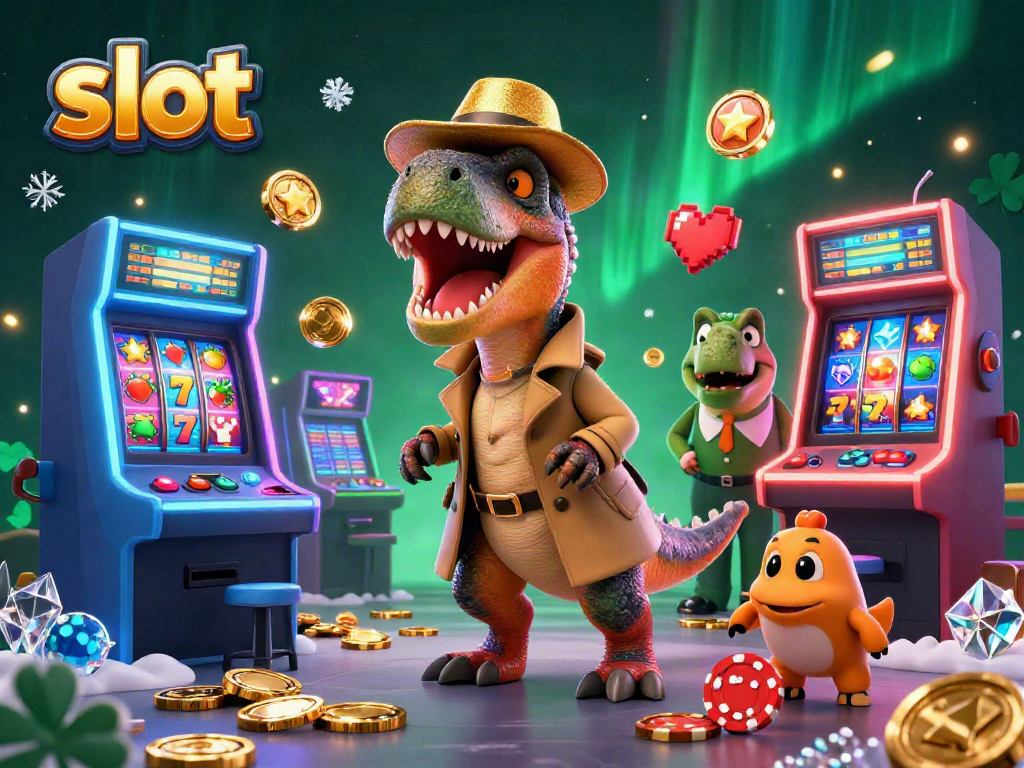 Spin the slots with our velociraptor card counter in a vibrant 3D casino scene.