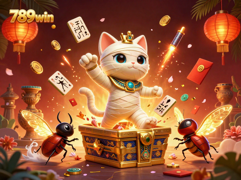 Play casino games with 789win immersive illustration featuring a mummy cat and golden elements.
