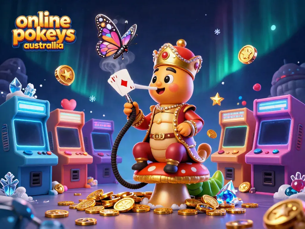 Experience the thrill of online pokies Australia with a whimsical 3D casino scene featuring vibrant characters and gold-filled backgrounds.
