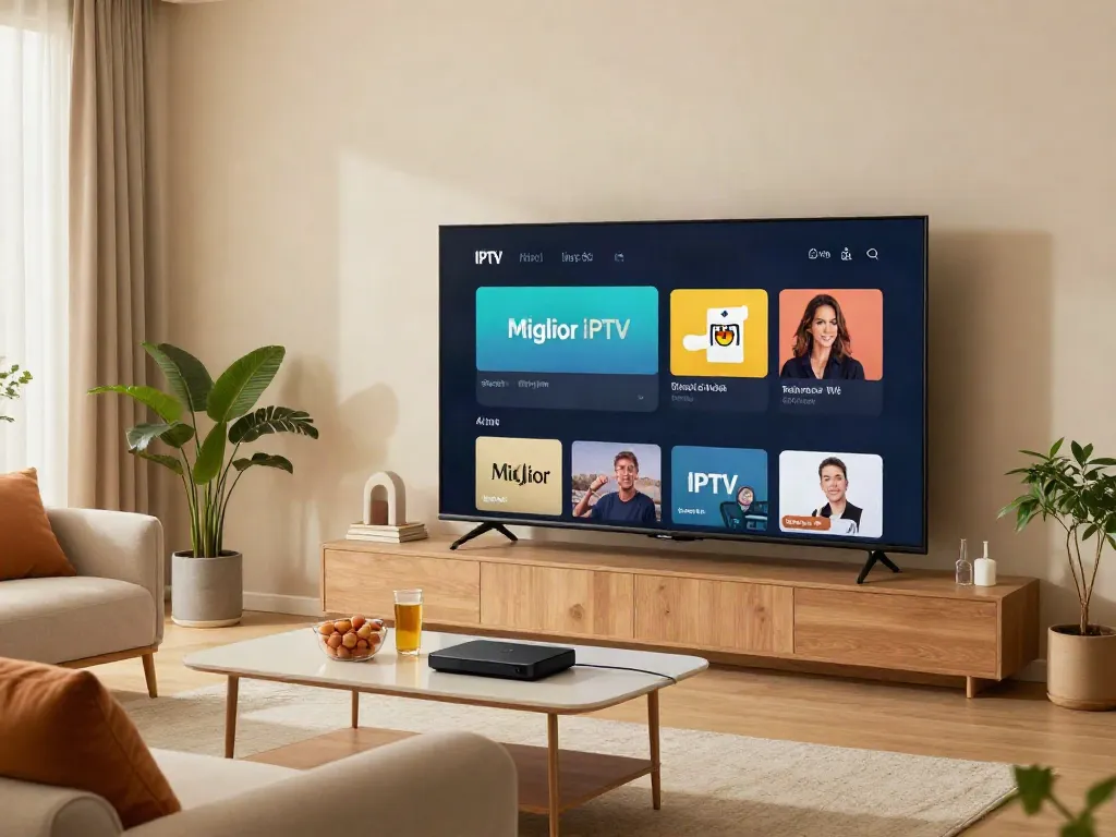 Miglior IPTV interface displayed on a large TV in a stylish living room.